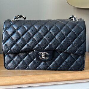 Black Caviar Double Flap Jumbo Leather Purse Bag